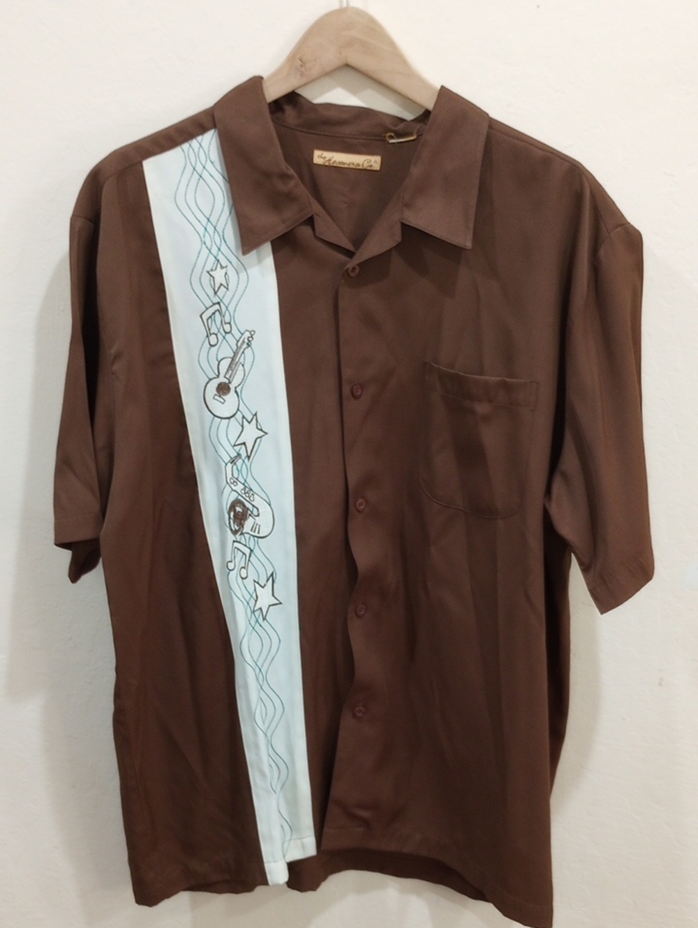 The Havanera Co. Brown Bowling Shirt With Musical Embroidery, Size XL